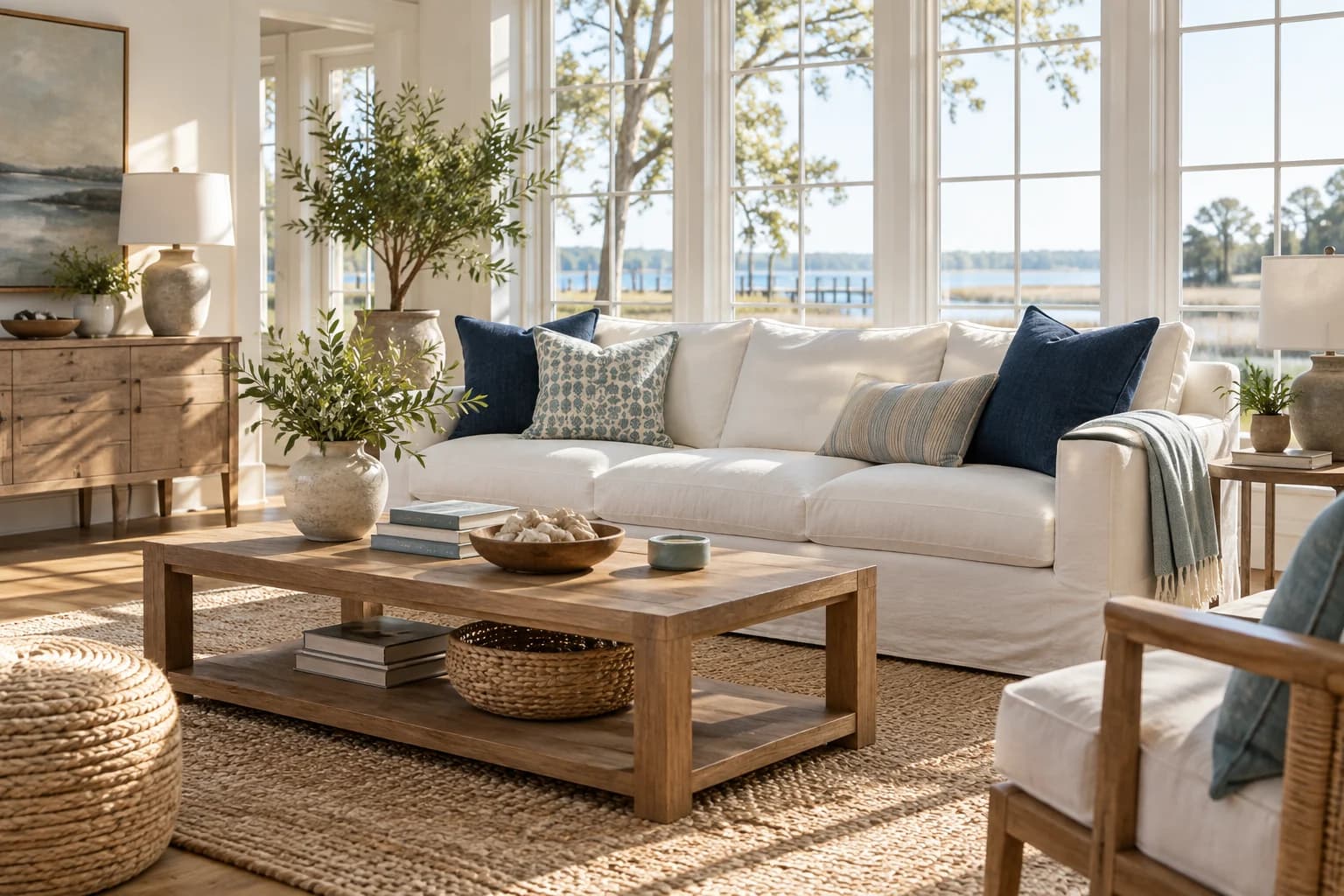 A bright coastal living room with a linen sofa, oak furniture and soft afternoon light